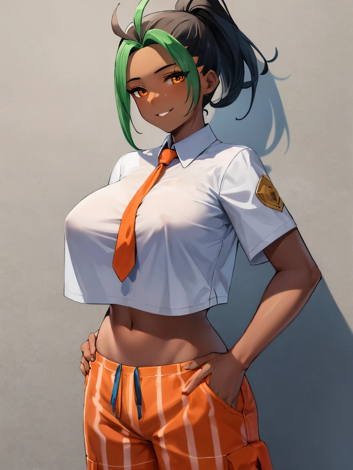 masterpiece, best quality, nemona, 1girl, dark skinned female, tan skin, orange necktie, , busty, orange shorts, midriff, looking at viewer, white button down shirt, short sleeves, smile,hands in pockets, huge breasts