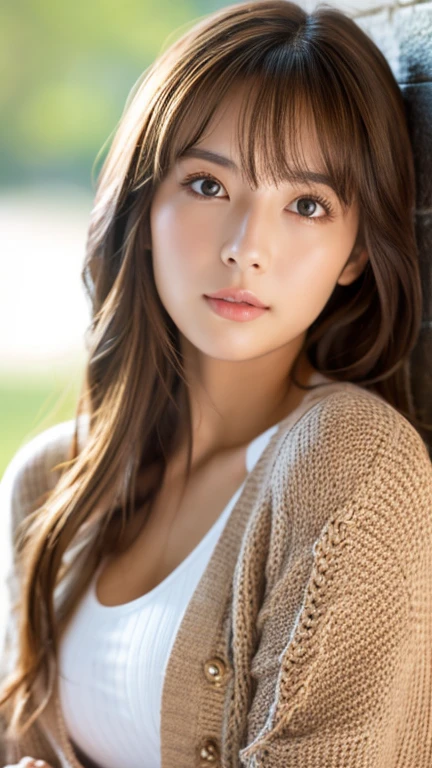 8K, highest quality, masterpiece, Realistic, Photorealistic, Ultra-detailed, Natural light, Highly detailed face and skin, Detailed Eyes, Highly detailed face and skinの中間ショット, Beautiful woman looking at the camera, Sexy pose, Beautiful Face, Realistic Face, Detailed face, Beautiful Hairstyles, Realistic目, Fine grain, Realistic Skin, Fine skin, Beautiful Skin, Charm, 超Realistic, Sexy Cardigan, kind, brown hair, Cute Japanese Girl, Full Body
