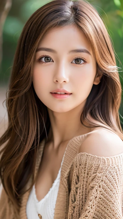 8K, highest quality, masterpiece, Realistic, Photorealistic, Ultra-detailed, Natural light, Highly detailed face and skin, Detailed Eyes, Highly detailed face and skinの中間ショット, Beautiful woman looking at the camera, Sexy pose, Beautiful Face, Realistic Face, Detailed face, Beautiful Hairstyles, Realistic目, Fine grain, Realistic Skin, Fine skin, Beautiful Skin, Charm, 超Realistic, Sexy Cardigan, kind, brown hair, Cute Japanese Girl, Full Body