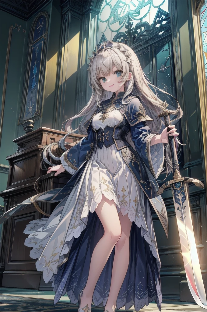 (Official art、Best Quality、Unity 8k Wallpapers、32K、masterpiece、ultra-detailliert、超A high resolution、realisitic、Photorealsitic、Very ridiculous:1.2)、(Cinematic lighting:1.2)、Fireglow effect、film grains、Best Shadows、Rim lighting、side lights、(Ultra-detailed and complex 3D rendering)、Detailed beautiful face and eyes、Sharp pupils、Realistic pupils、A slender、1Man Woman、Medium bust、(Full body:1.2)、 beauitful face、16-year-old beautiful girl、(super detailed skin、detailed skin textures:1.3)、(silver blond、Blue-silver hair:1.3)、Paladin、Longhaire、Blunt bangs、Green eyes、3 braids in 1 bunch、(Blue Armor、Blue Boots、Blue helmet、Jeweled、Gold embroidery)、A slender、Maxi skirt、(thighs thighs thighs thighs:0.8)、(chies、in a house、Artistic stained glass、Large pipe organ、Hello Point、Mystical、a lot of feathers float、angelicales、Particles of light、solemnity、Sunlight is、colourfull、Fantastical:1.2)、(Fantastical:1.3)、(Holding the Holy Sword:1.4)、Fantastical、Smiling smile