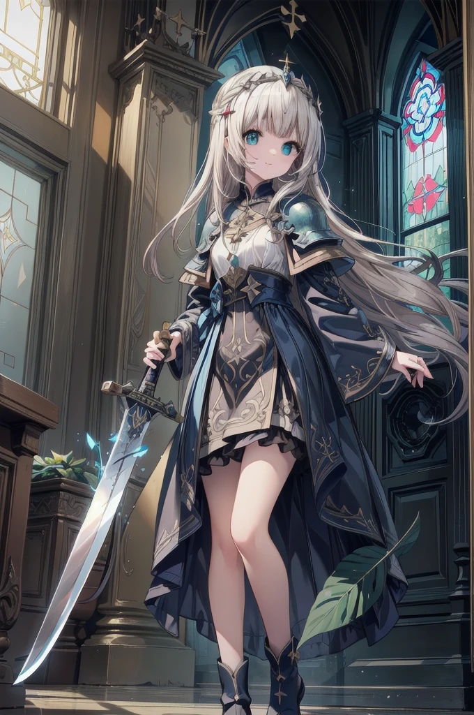 (Official art、Best Quality、Unity 8k Wallpapers、32K、​masterpiece、ultra-detailliert、超A high resolution、realisitic、Photorealsitic、Very ridiculous:1.2)、(Cinematic lighting:1.2)、Fireglow effect、film grains、Best Shadows、Rim lighting、side lights、(Ultra-detailed and complex 3D rendering)、Detailed beautiful face and eyes、Sharp pupils、Realistic pupils、A slender、１Man Woman、Medium bust、(Full body:1.2)、 beauitful face、16-year-old beautiful girl、(super detailed skin、detailed skin textures:1.3)、(silver blond、Blue-silver hair:1.3)、Paladin、Longhaire、Blunt bangs、Green eyes、3 braids in 1 bunch、(Blue Armor、Blue Boots、Blue helmet、Jeweled、Gold embroidery)、A slender、Maxi skirt、(thighs thighs thighs thighs:0.8)、(chies、in a house、Artistic stained glass、Large pipe organ、Hello Point、Mystical、a lot of feathers float、angelicales、Particles of light、solemnity、Sunlight is、colourfull、Fantastical:1.2)、(Fantastical:1.3)、(Holding the Holy Sword:1.4)、Fantastical、Smiling smile