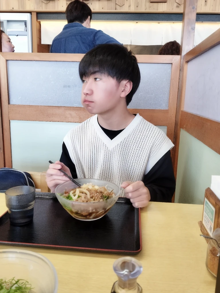A boy sitting at a table with a bowl of food, eat ramen, eat noodles, Mukbang, Shot on a Canon 80d, Shot on Sony Alpha 9, eat, he about 2 , Very low quality images, Low quality photos, Blog Photos, he! About 30 years old