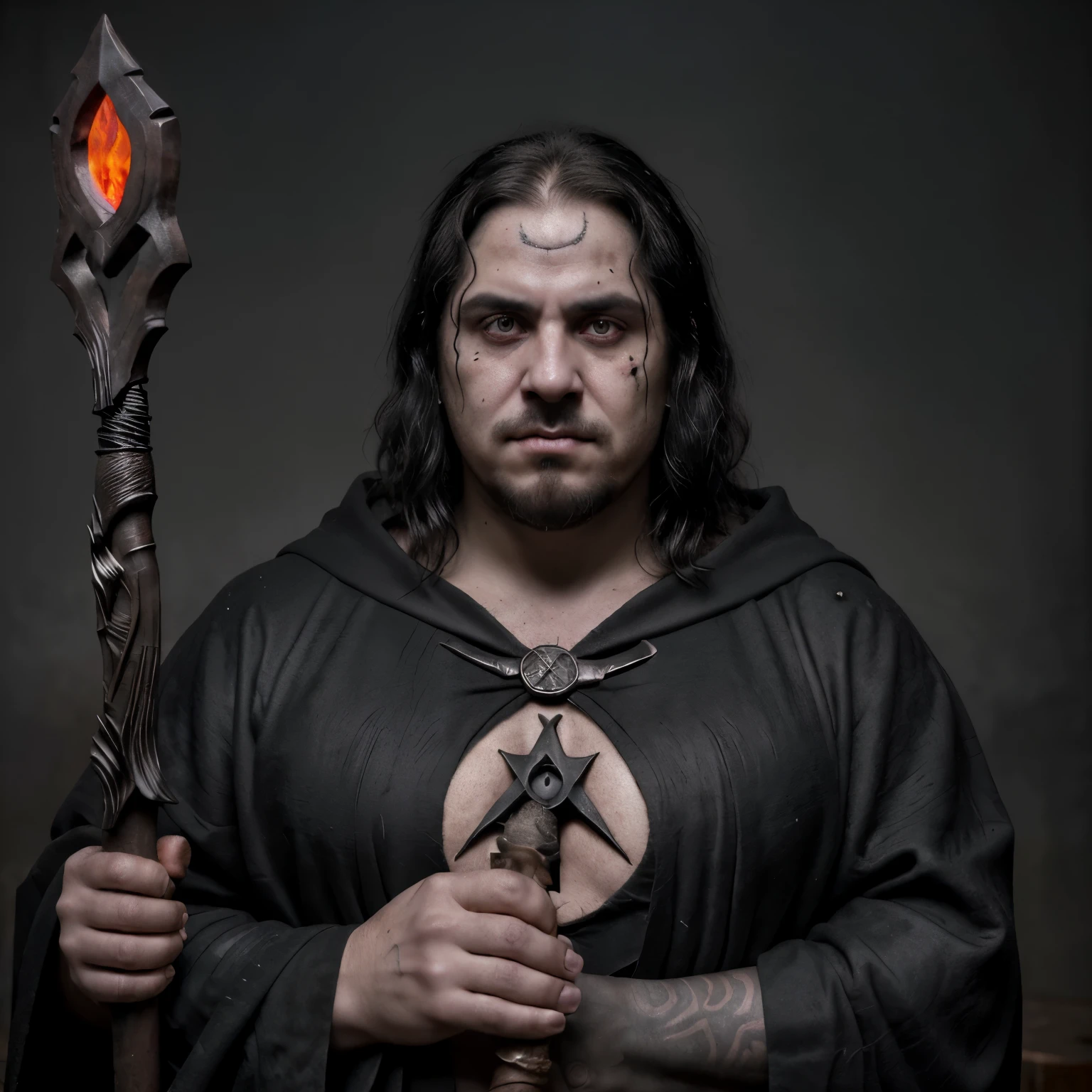 Boli, the apocalyptic sorcerer, es una figura imponente y temible con una presencia dominante. Es alto, corpulent and has pale skin marked by dark runic tattoos. He wears black robes adorned with arcane symbols and holds a sinister scepter in one hand.. Su cabello oscuro cae en mechones desordenados alrededor de su rostro, framing an expression of malice and disdain. Boli se mueve con gracia sobrenatural y su voz profunda resuena con un eco oscuro. His gaze burns with an insatiable desire for power and domination..