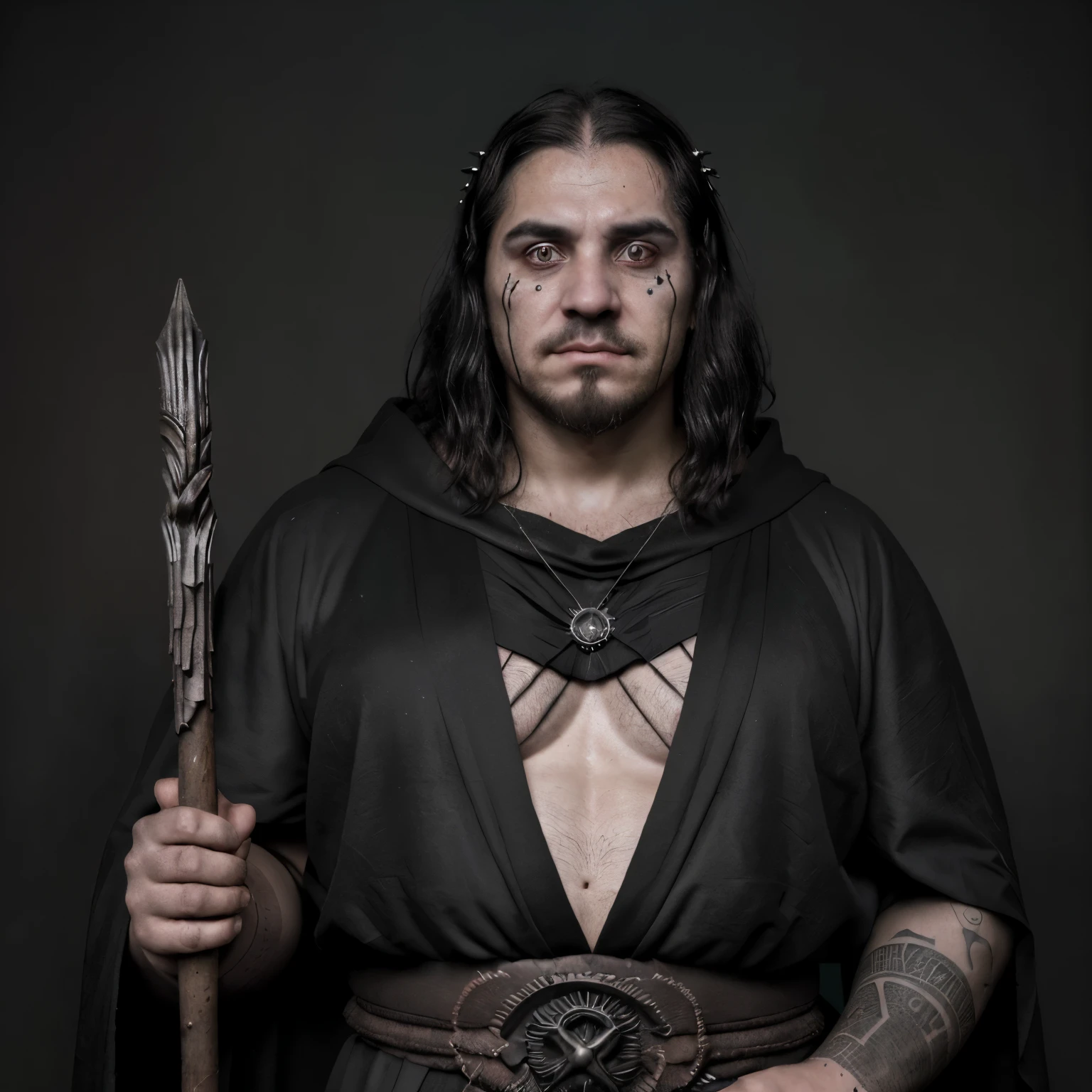 Boli, the apocalyptic sorcerer, es una figura imponente y temible con una presencia dominante. Es alto, corpulent and has pale skin marked by dark runic tattoos. He wears black robes adorned with arcane symbols and holds a sinister scepter in one hand.. Su cabello oscuro cae en mechones desordenados alrededor de su rostro, framing an expression of malice and disdain. Boli se mueve con gracia sobrenatural y su voz profunda resuena con un eco oscuro. His gaze burns with an insatiable desire for power and domination..