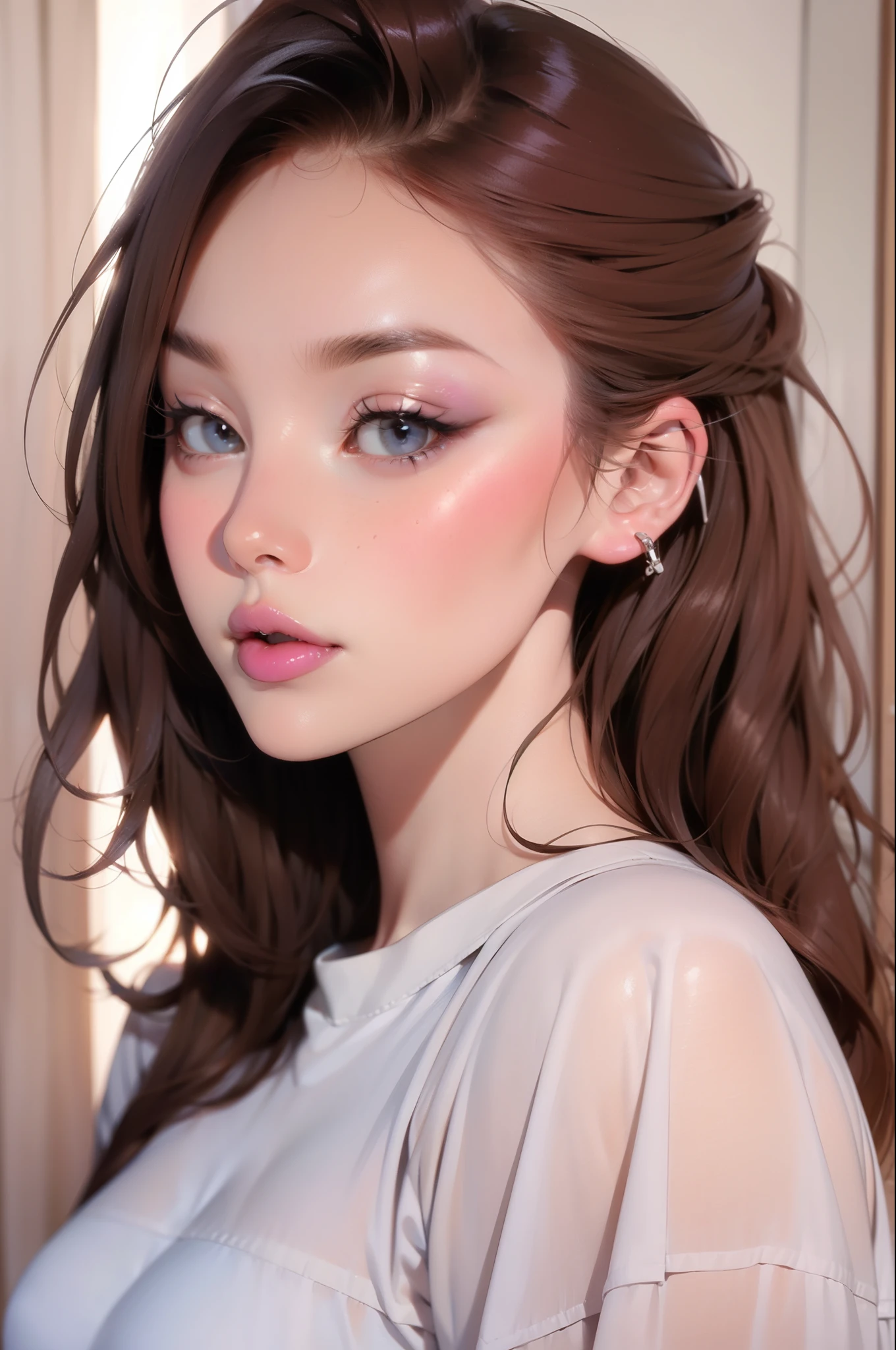 Girl, long soft light brown hair, gray eyes, sharp features, white skin, pink lips,  