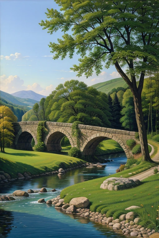 A summer landscape painting, Green Trees, Green grass, A winding river and a stone bridge, sunlight.