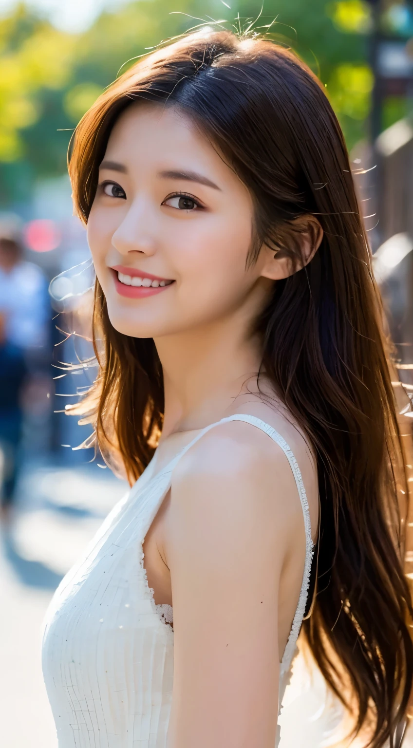 Brown hair woman 20 years old, White Dress, goddess, bloom, lens flare, (8K, Raw, professional, Top quality, masterpiece: 1.2), (Practical, photoPractical: 1.37), Ultra Detailed, (25mm portrait front view), (maximum detail skin: 1.2), (Highest detail face: 1.2), Movie Lighting, 1 female, Japanese, Short brown hair, ( windy), walking on a street corner, warm white light, awkward smile, Frontal shot, (((Top quality, 8K, masterpiece: 1.3)), Beautiful woman with perfect body: 1.4, Slim abdominal muscles: 1.3, ((Dark brown hair, Large target: 1.2)), Highly detailed face and skin textures, Delicate eyes, Double eyelids, Large target, super clear face, Ultra Clear Lips, Ultra clear eyes, Double eyelids, Super Detail