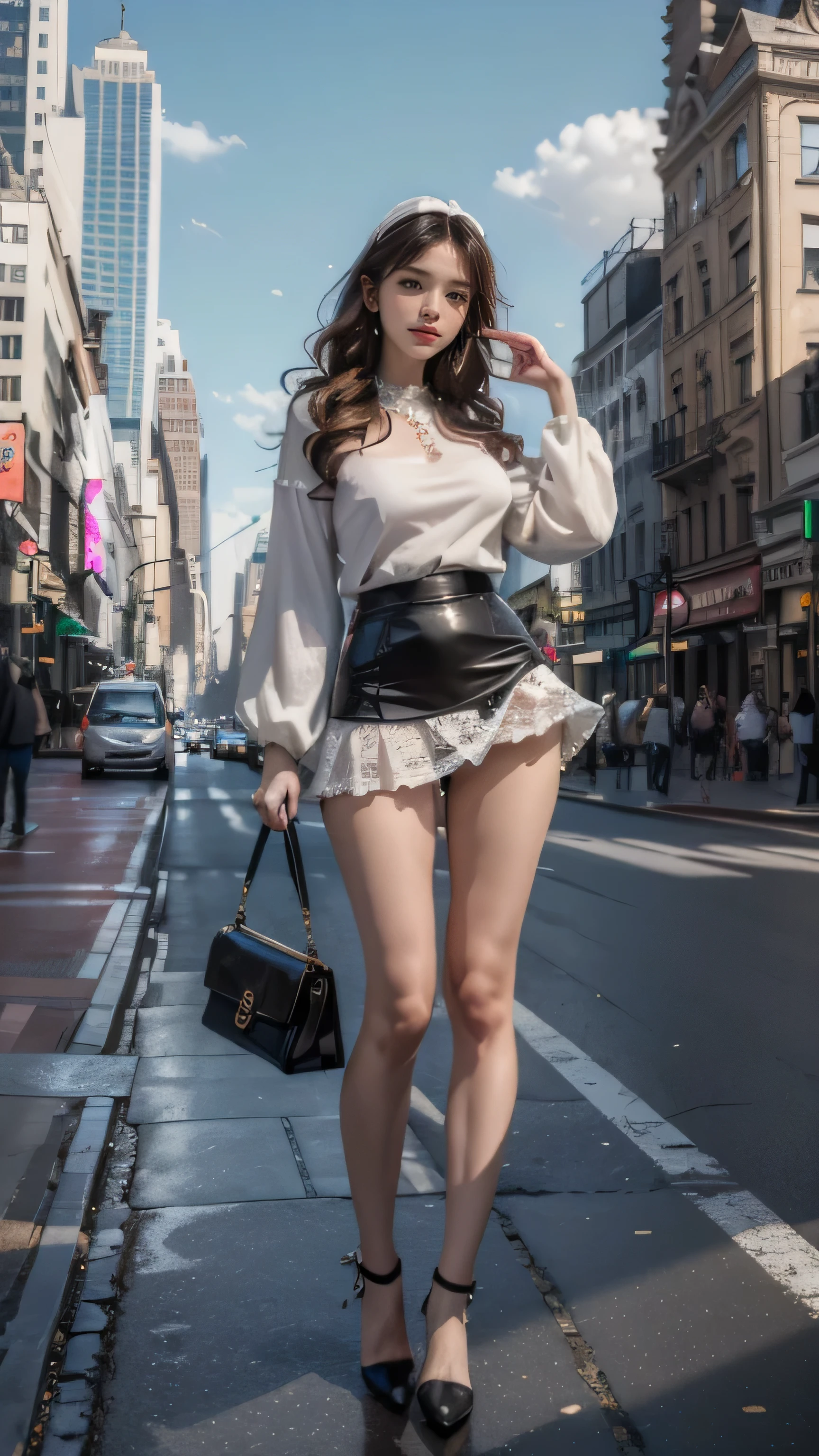 (woman standing on the streets of new york),(masterpiece, highest quality, Realistically, work, Very detailed, 8k), ((Wide-angle lens, Full body woman love)), 1 girl，light makeup，exquisite features，smile，exquisite crystal jewelry，Heart-shaped necklace，Crystal Headband，Light brown hair, Pompadour hairstyle, curl，Correct finger structure，(White blouse)、(White flared mini skirt)、Leather shoes，Long legs，Frontal standing posture ，Full body portrait，skyscrapers are hazy、（The wind blows up my skirt)、(Black lace panties are visible)