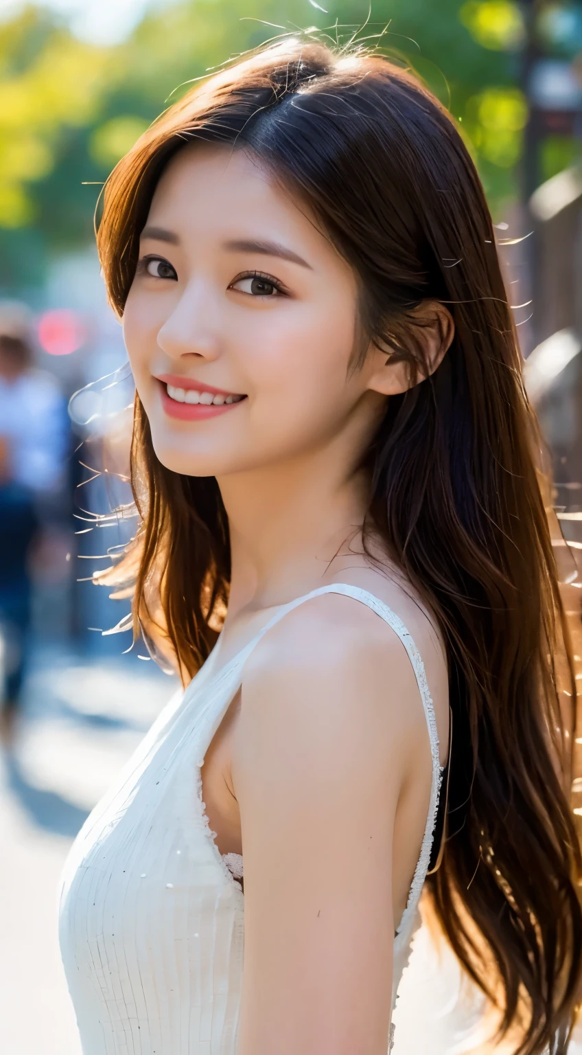 Brown hair woman 20 years old, White Dress, goddess, bloom, lens flare, (8K, Raw, professional, Top quality, masterpiece: 1.2), (Practical, photoPractical: 1.37), Ultra Detailed, (25mm portrait front view), (maximum detail skin: 1.2), (Highest detail face: 1.2), Movie Lighting, 1 female, Japanese, Short brown hair, ( windy), walking on a street corner, warm white light, awkward smile, Frontal shot, (((Top quality, 8K, masterpiece: 1.3)), Beautiful woman with perfect body: 1.4, Slim abdominal muscles: 1.3, ((Dark brown hair, Large target: 1.2)), Highly detailed face and skin textures, Delicate eyes, Double eyelids, Large target, super clear face, Ultra Clear Lips, Ultra clear eyes, Double eyelids, Super Detail