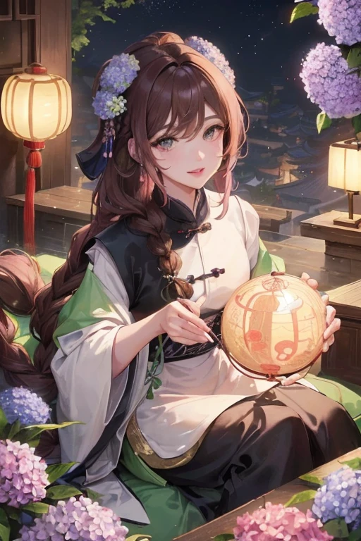 masterpiece, highest quality, night, full moon, 1 girl, Mature Woman, Chinese style, ancient China, sister, Imperial sister, smile, brown hair, Princess Cut, Single fried dough twist braid, curly hair, Double Ball Head, Light pink lips, Calm, intellectual, Middle Hair, Green Eyes, hairpin, Hydrangea,