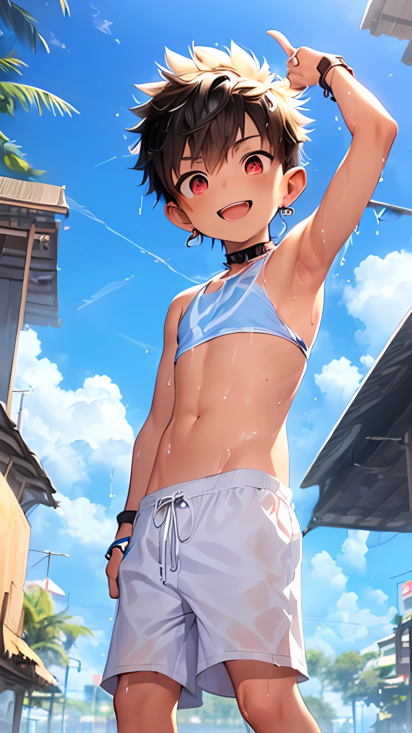 (shota:1.5), (baggy white tank top:1.3), ((blue bikini pants)), ((pointing viewer)), (((best quality))), (((masterpiece))), ((ultra detailed)), (skinny:1.3), (spiked hair), (wind blowing), wine red eyes, ((raised arms)), ((smiling)), open mouth, ((earrings)), blue sky, grass, (choker on neck), full body shot, ((armpits)), sweaty skin, (((wet clothes))), nipple