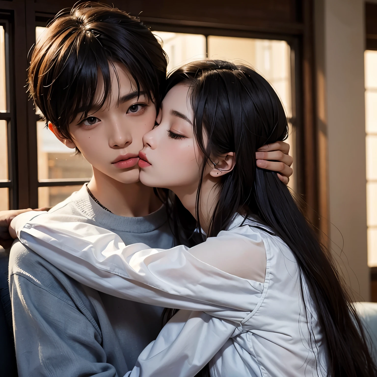 A boy hugging a Girl and kissing her on her right neck