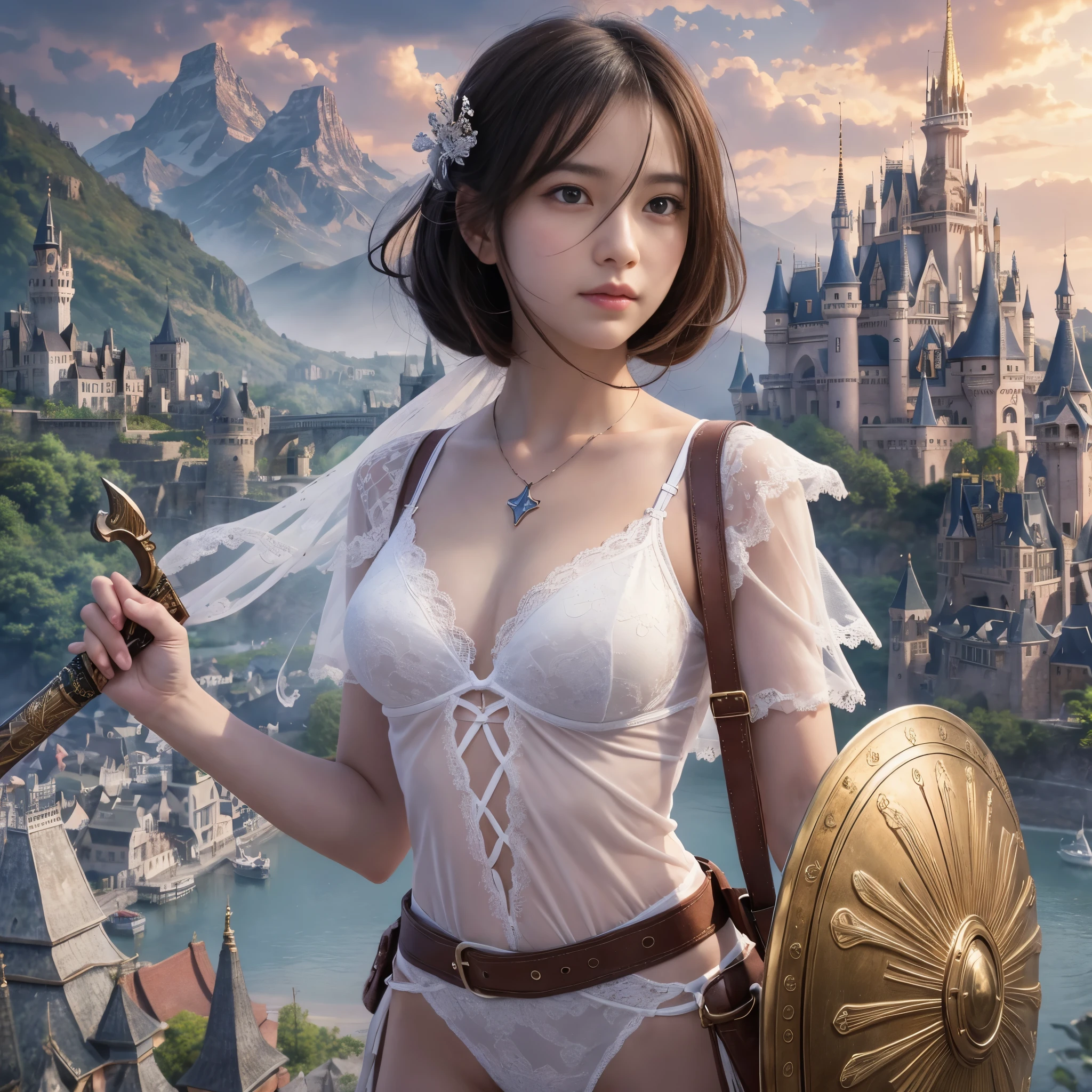 (RAW Photos:1.2), (Realistic), Beautiful detailed girl, Very detailed eyes and face, Beautiful fine details, Large file size, High resolution, Very detailed, highest quality, [Tabletop:1.6], figure, Very detailed, The finer details, highest quality, 8k wallpaper, Cinema Lighting, A 15-year-old female hero from Japan, Embark on an adventure, Departing with the castle in the background, Cute eyes, Long wavy black hair,  White bra,  White panties, Holds a holy sword in his right hand, Holding a shield in the left hand, Slender body, Young face, Small breasts, Exposed underwear, A spectacular sight