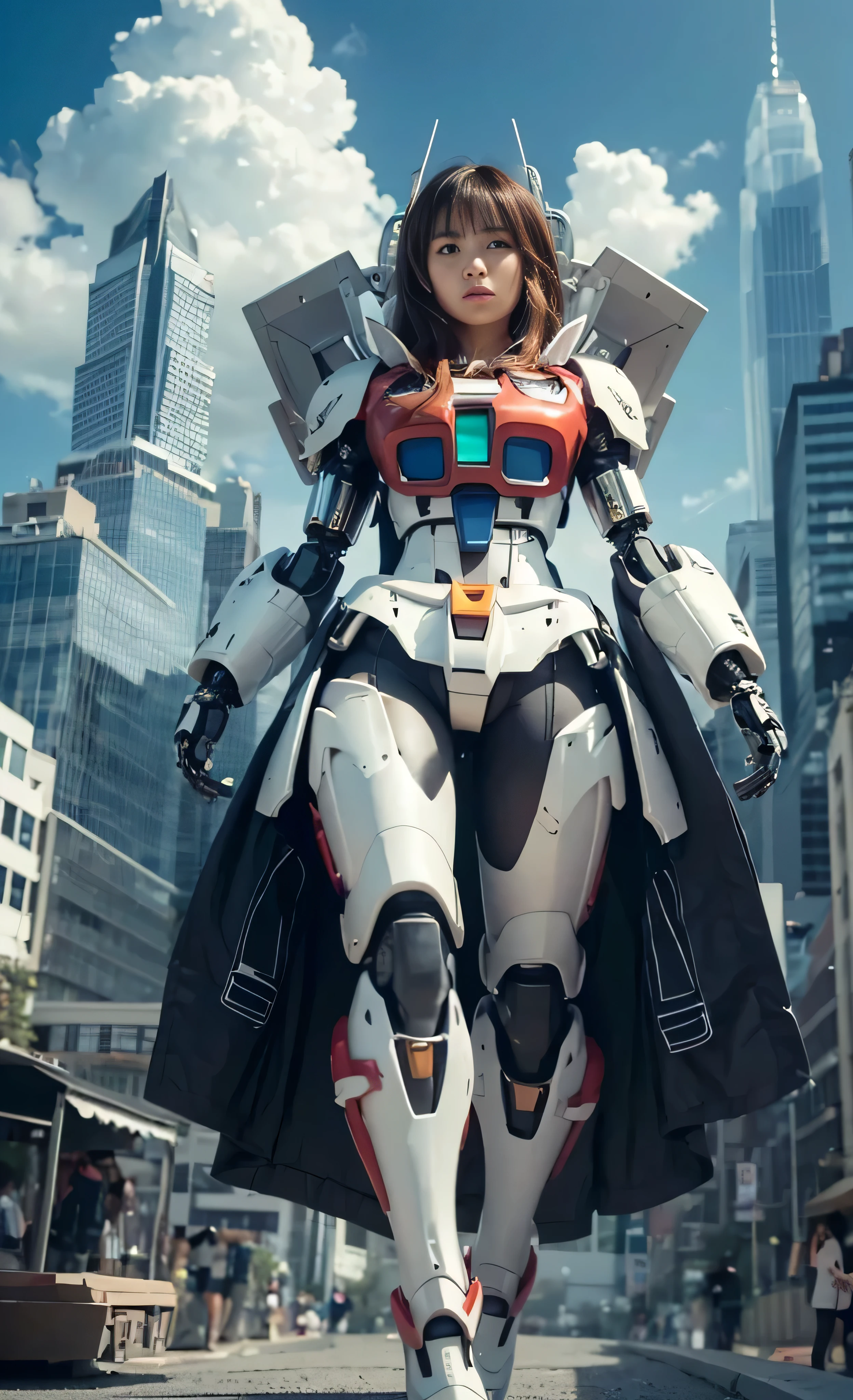 (((RAW Image Quality:1.4))), ((A giant mechanical woman, much bigger than a skyscraper:1.4)), ************, Rough skin, Very detailed, Advanced Details, high quality, 最high quality, High resolution, 1080p, hard disk, beautiful,(Gundam:1.4),beautiful almost,She is wearing futuristic shiny white mechanical parts,Mechanical joint, Mechanical Arm, Mechanical legs below the knees, Mechanical parts that protect the top of the breasts, Cleavage, Mechanically protected groin, Excluding bust top and inseam, Bare skin is exposed., Nearly naked, Perfect Proportions, (Brown hair fluttering in the wind), beautiful blue eyes, full body shot, very small metropolis。A miniature city just a few feet tall, Stomping City,Crush City,Small Town,Micro City, Small cars and trains, Deep blue sky, Metal pants digging into the crotch, Angle looking up from below, Biologically correct,