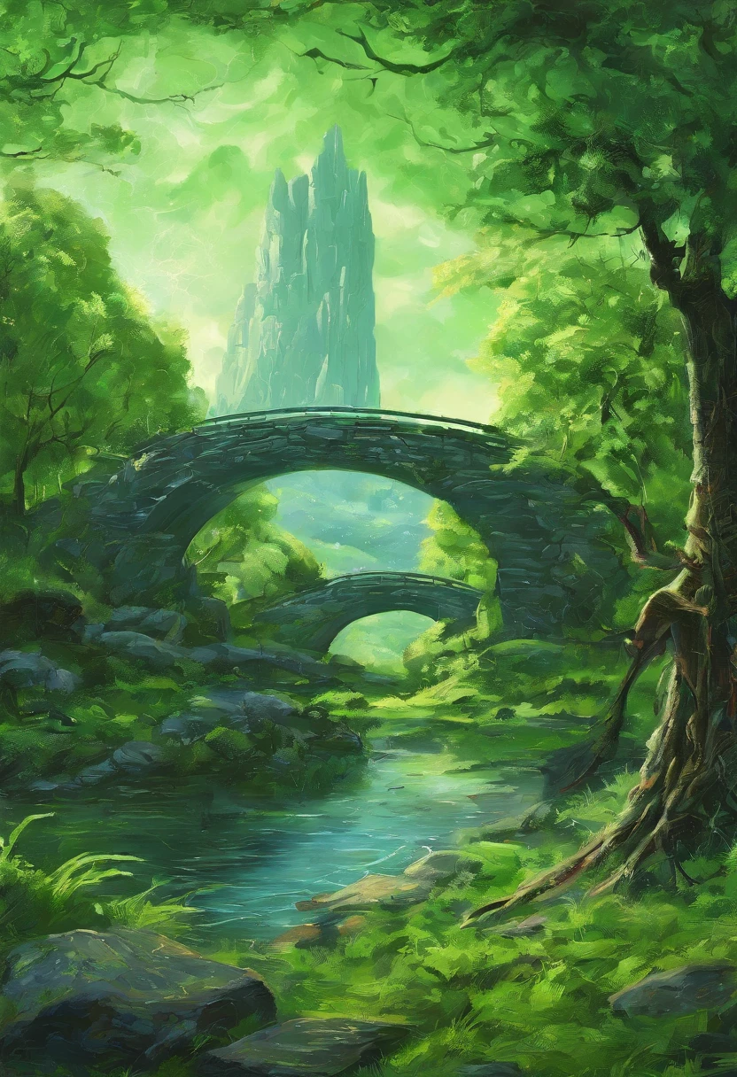A summer landscape painting, Green Trees, Green grass, A winding river and a stone bridge, sunlight.