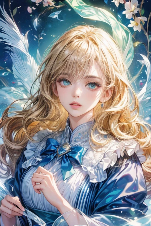 (highest quality:1.4),(masterpiece:1.4),Ultra-high resolution,8k,CG,(Exquisite:1.2),Upper body,1 girl,Lonely,Thumbelina,Little Princess,Blue taffeta coat dress,Forest Background,Detailed facial features,Almond Eyes,Detailed eye makeup,Long eyelashes,green eyes and a starry gaze,Delicate lip detail,Soft and harmonious style
