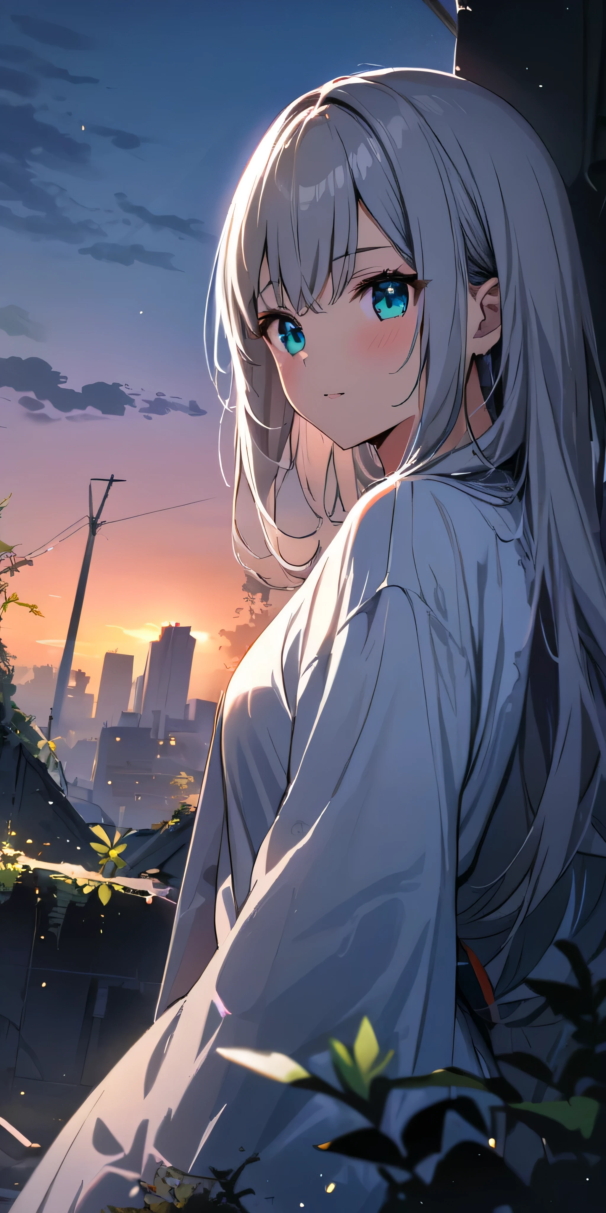 Resolution full, best quality, masterpiece, full HD, beautifull girl, foggy theme, super detailed, 1girl, cute girl, long hair, silver hair, detailed beautiful aqua eyes, white kimono.  holding glowing katana. from below, focus at girl. in ruins, overgrown. Day sky, gradient sky, sunset.  bokeh. Particle bokeh.  Depth of field.