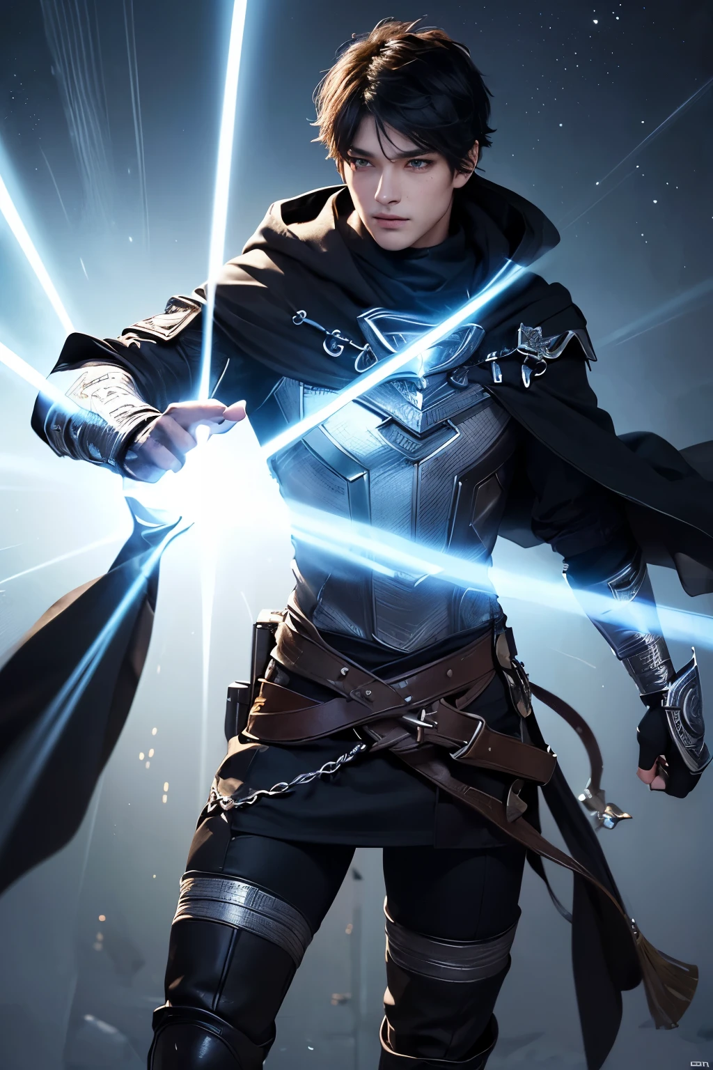 (Original Character, Best quality, 4k, 8k, highres, masterpiece:1.2), ultra-detailed, ((Male adventurer hero)), ((Marvelous adventurer hero with male face)), ((Black hair, Black short hair with Pixie curly hair cut)), ((full body)), ((stand pose)), ((((Wearing a Black adventurer clothes with Black cloak and Silver accessories)))), ((Adventurer boots)), ((Tall and Sporty body)), (((Male Hero))), (((Tall and Sporty body))), (((Male Hero))), ((fully detailed)), illustration, (Original Character, Unity 16K Wallpaper, masterpiece, Best Quality, Ultra-detailed, extremely details CG, Caustics, Cinematic lighting, Detailed, Beautiful detailed eyes, Solo, Oily skin), Ultra High Resolution, Fine skin, (Marvelous adventurer hero with male face), (Strong lights), ((Brighten the subject)), Veteran Male hero, Veteran Male hero, Veteran Male hero, Male wizard,