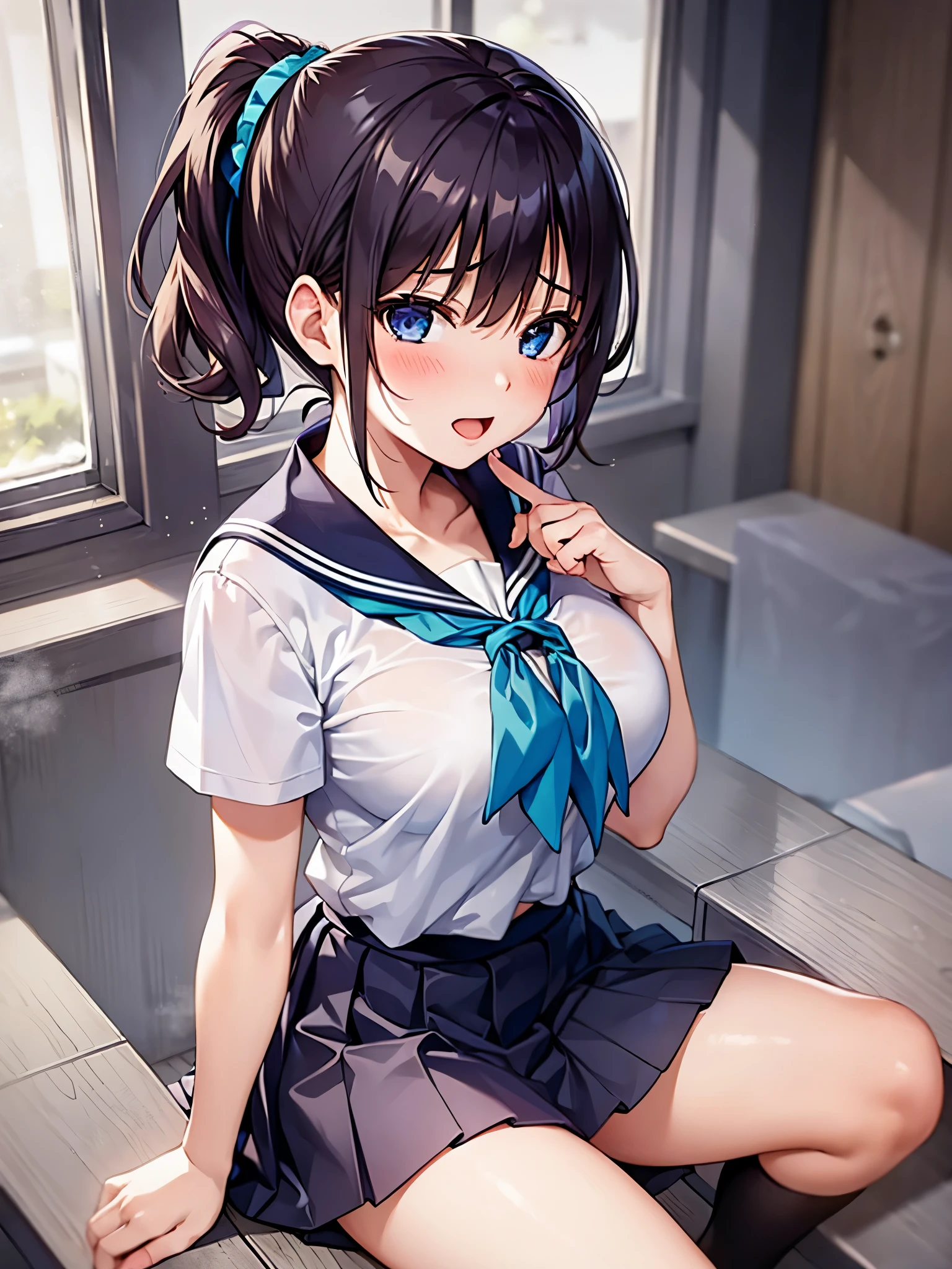 1 Girl, alone, nakano ichika, Pink Short Hair, (naked:1.3), (White apron), big breasts, Cleavage, Thighs, Cafe Background, (Blushing:1.2), smile、(masterpiece, best quality), nsfw, 1girl, sitting on school chair, pussy, (skirt lift:1.3),
heavy breathing, steam, smile, open mouth, sweat, frown,
BREAK 5 yo, (loli:1.5), black hair, (high ponytail, medium ponytail, curly hair), (aqua scrunchie:1.3), aqua eyes, (tareme:1.5), (huge breasts:1.1), hanging breasts,
BREAK ((school uniform, serafuku):1.0), (white shirt, white sleeves, short sleeves:1.2), (navy sailor collar), (aqua neckerchief:1.2), sleeve lines, bare arms,
BREAK (navy skirt), (white socks:1.2), loafers,
BREAK classroom,
headback