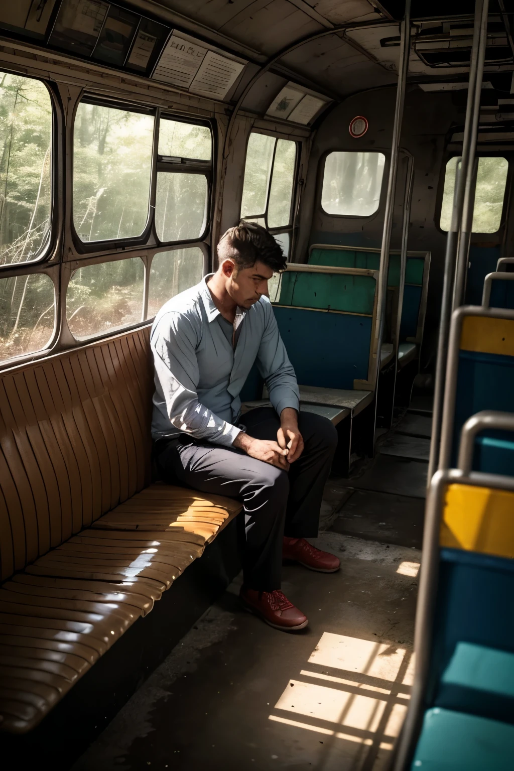 A man, with a determined face, stepped inside the old, creaky bus that was headed towards Setealém. The bus was filled with an eerie silence, broken only by the sound of the wheels grinding against the uneven road. The man, despite feeling a chill run down his spine, clutched his belongings tightly and took a seat near the window.

As the bus journeyed deeper into the forest, the man could feel the sense of unease growing stronger. The bus rocks gently with each uneven terrains, causing the man's heart to race. Shadows danced on the walls, and he could hear the faint sound of twigs snapping outside.

Suddenly,