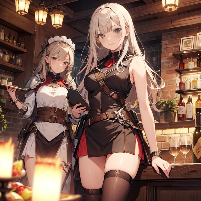 A group of female medieval fantasy adventurers, (in tavern), various hair styles, harem, night, details face, short skirt, seducing, sleeveless, armor