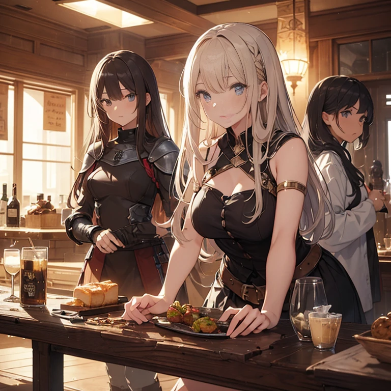 A group of  female medieval fantasy adventurers, (in tavern), various hair styles, harem, night, details face, short skirt, seducing, sleeveless, armor