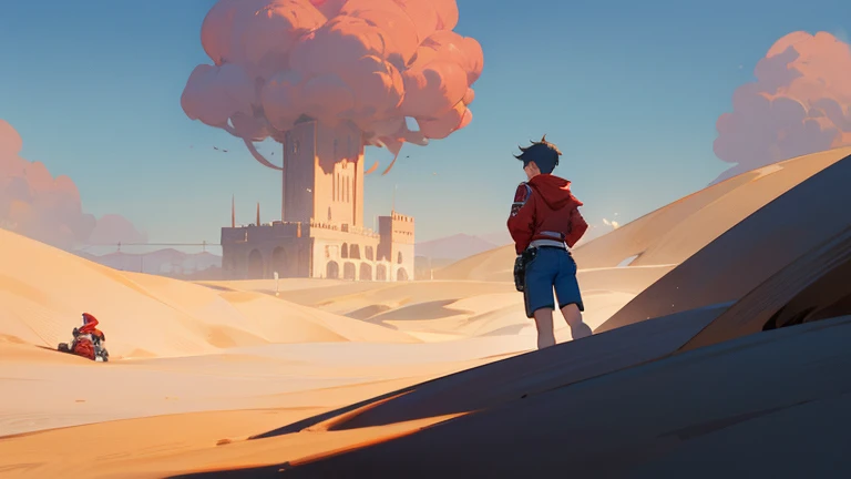 On the left, one boy in a red jacket and blue shorts sits on the sand in the desert, on the right in the distance there is a high tower that is barely visible due to the sandstorm, the action takes place during the day