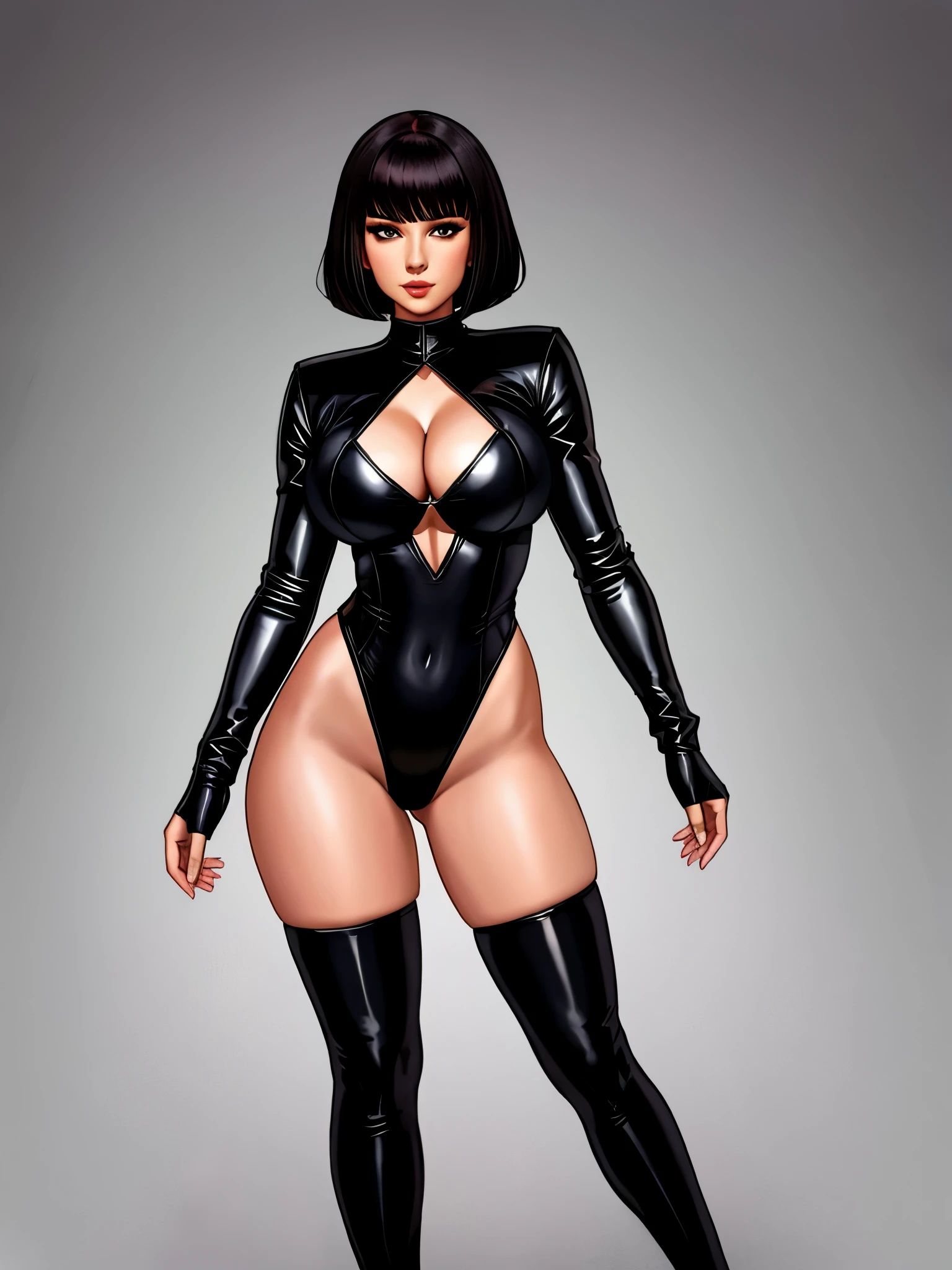 black leotard, full body shot, cleavage, gorgeous woman, tight clothes, bobcut hair, assassin, fantasy setting, rubies, thigh high leather boots