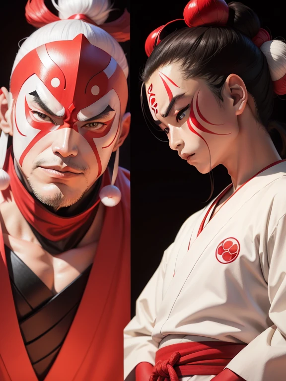 In the Kabuki Recruitment Book、Kumatori on the face(Draw a red line on a white background)Sukeroku steps on all four sides 、Kabuki Stage、Bright lighting