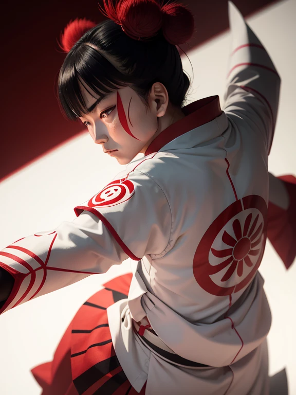 In the Kabuki Recruitment Book、Kumatori on the face(Draw a red line on a white background)Sukeroku steps on all four sides 、Kabuki Stage、Bright lighting