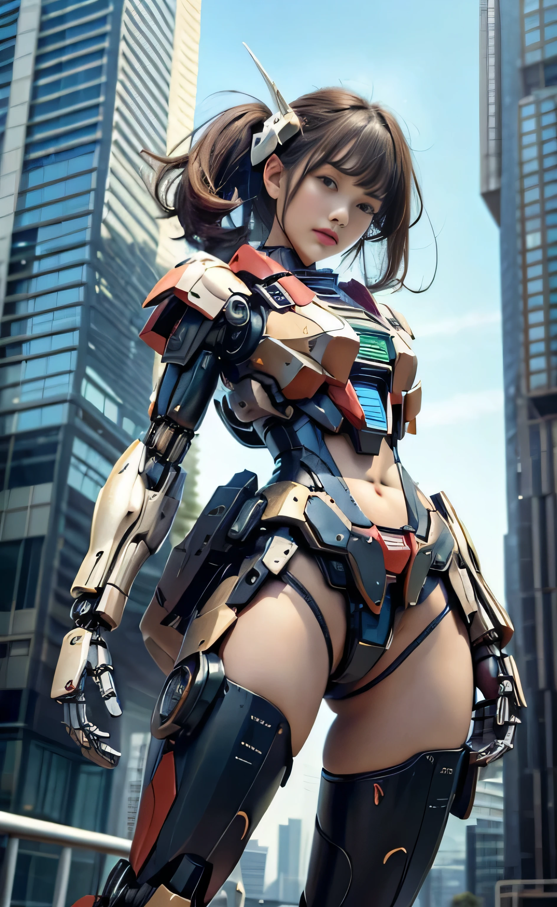 (((RAW Image Quality:1.4))), ((A giant mechanical woman, much bigger than a skyscraper:1.4)), 14 years old, Rough skin, Very detailed, Advanced Details, high quality, 最high quality, High resolution, 1080p, hard disk, beautiful,(Gundam:1.4),beautiful almost,She is wearing futuristic shiny white mechanical parts,Mechanical joint, Mechanical Arm, Mechanical legs below the knees, Mechanical parts that protect the top of the breasts, Cleavage, Mechanically protected groin, Excluding bust top and inseam, Bare skin is exposed., Nearly naked, Perfect Proportions, (Brown hair fluttering in the wind), beautiful blue eyes, full body shot, very small metropolis。A miniature city just a few feet tall, Stomping City,Crush City,Small Town,Micro City, Small cars and trains, Deep blue sky, Metal pants digging into the crotch, Angle looking up from below, Biologically correct,