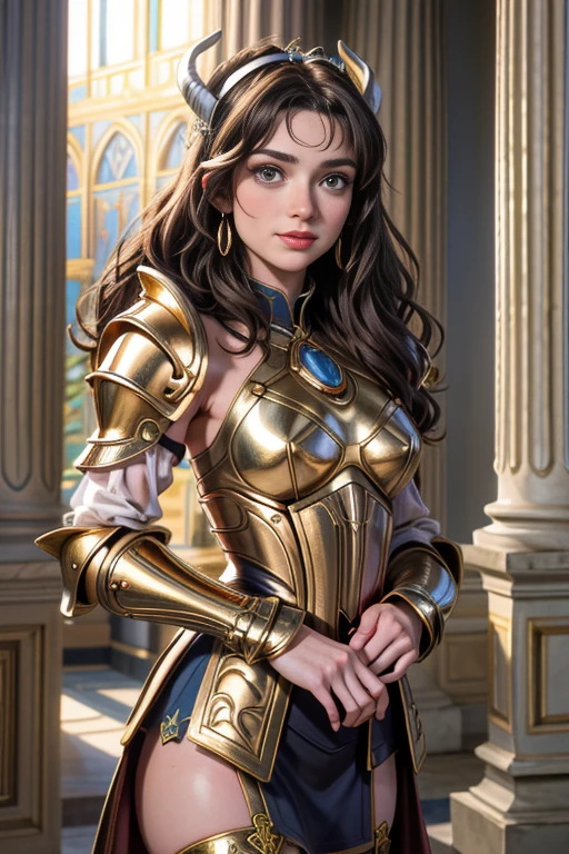 ((1 dame espagnole)), (Kiera Knightley) (25 ans)), Beautiful ethereal, (awkward and seductive smile) avec un peu de dents visibles, cheveux longs, regard affectueux dans la caméra, corps en forme, petits seins, Gros cul, pose debout sexy ((Style David Hamilton)), detailed photo of the whole body, soumis, Soft light, masterpiece, best quality, photo-realistic, 8k, High resolution, Realistic and detailed skin, 8k euh, digital SLR, Soft light, high quality, Grain du film, Fujifilm XT3, cheveux multicolors, gold cloth, saint seiya, armure, signes du zodiaque, Grèce antique, temple antique, armure du zodiaque, zodiac cloth, Sculpted Armor, armor representing Aries, Aries, shoulder pads with horns of Aries