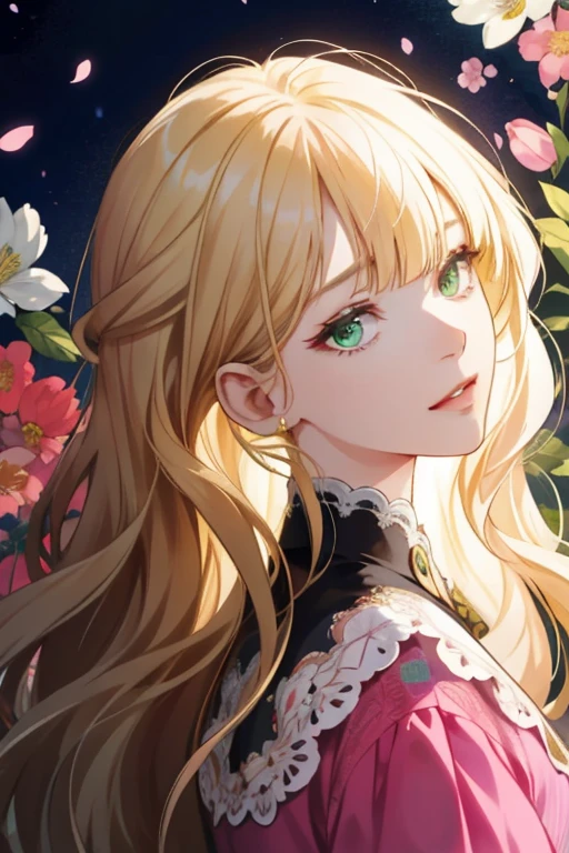 (Absurd, High resolution, Super detailed), One girl, Mature Woman, Wavy blonde hair, Long Hair, Blunt bangs, Green Eyes, Pink Dress, Detailed eyes and face, Highly detailed CG Unity 8k wallpaper, Intricate details, break , Kaleidoscope image, Symmetrical pattern, Vibrant colors, geometric shapes, Captivating Design, Optical illusion, dynamic composition break , Pantomime Art, Expressive body language, Silent Storytelling, Emotional gestures, Visual storytelling, theatrical performances break , Blooming Flowers, colorful petals, Fragrant Scent, Blessings of Nature, Vibrant Gardens, Serene landscape