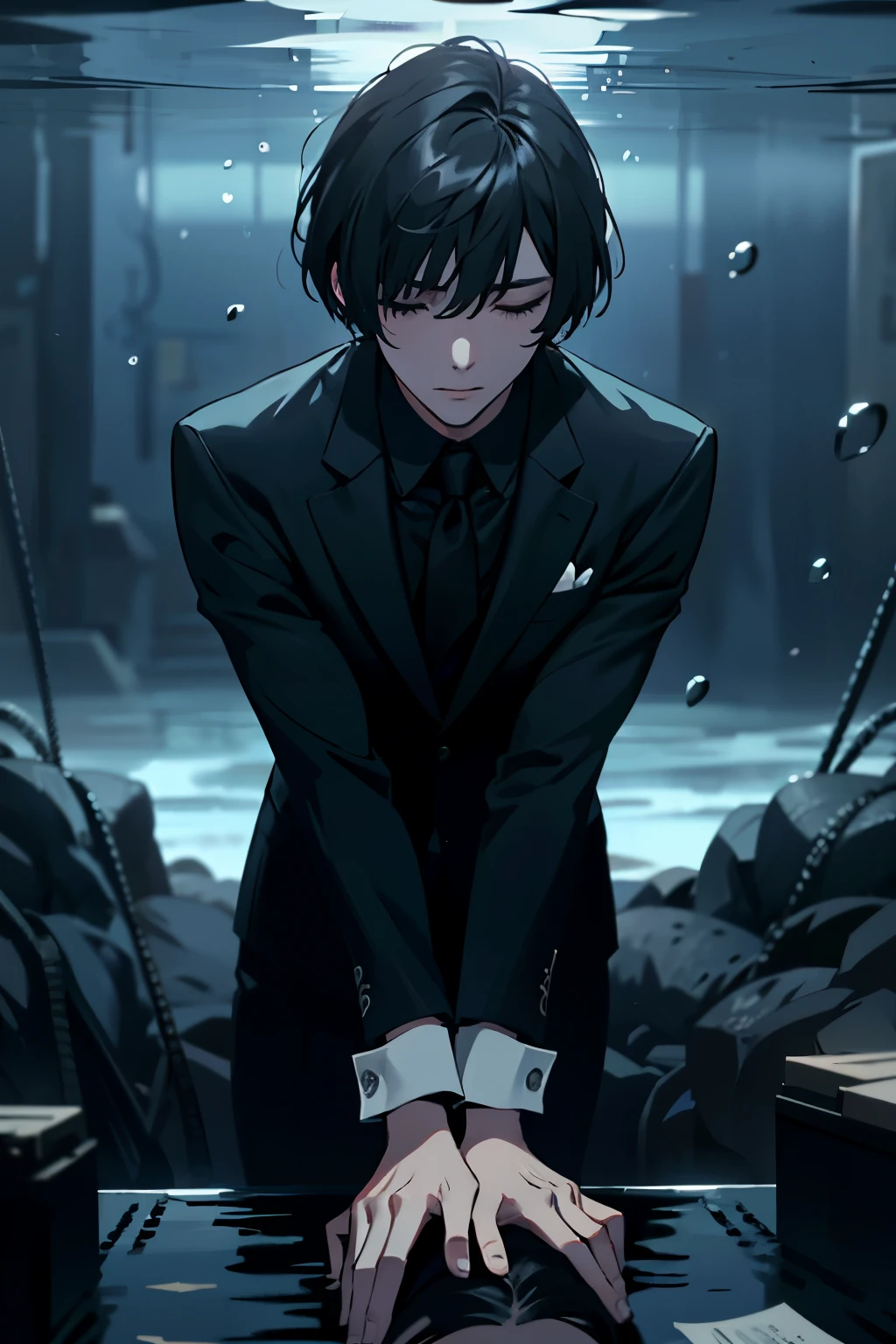 A man in a suit with a bob haircut sinks underwater　Black　die　Eyes closed　Leaning forward　painful　Weakness　Negative　Hands down　Leaning forward　Blinking eyes　whole body　darkness　dark