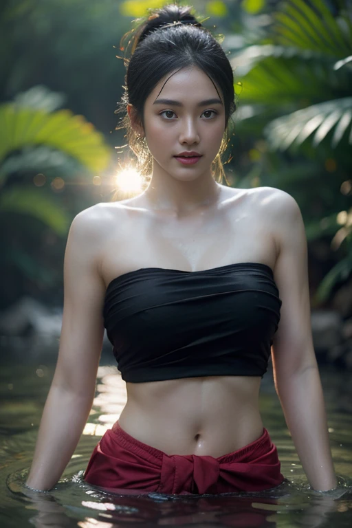 beautiful girl ,Thai female warrior, showering in a swiming pool at the forest, dynamic poses, Red and black strapless shirt, long ponytail,black eyes,abdominal muscles,plump body, rounded chest, (big breast:1.3), rift, morning sun,staring at the audience, rain, (dynamic poses), shower, shower poses, ((face details)),Double eyelids, finished, (Backlight), realistic, Masterpiece, Highest quality, lens flare, shade, in full bloom, [[Chromatic aberration]], By Jeremy Lipking, By Antonio J.. Manzanedo, digital painting, HDR, high contrast
