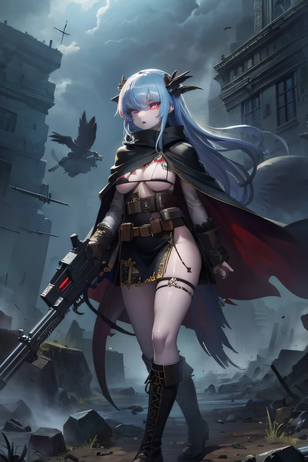 masterpiece, high quality, High resolution,8k,Fine details, Anti-tank rifles,Undead Girl,Hawk's eye,Crystal scales,Undead Crow,skyscraper,Strong winds,military,Small breasts,Slimming,Micro Bikini,Suture marks,Combat Boots,belt,Tattered Cape,ガンbelt,Ready your gun?,End of the World,Pale skin,Corpse Mountain,A patchwork body,Bullet holes,Trampling,monocle,Dirt,Bloodstain,ナイフbelt,Binding Grenade,Long Hair,Lock,first round,Nechronica: A Long Sequel,Tattoo,Soft Skin,