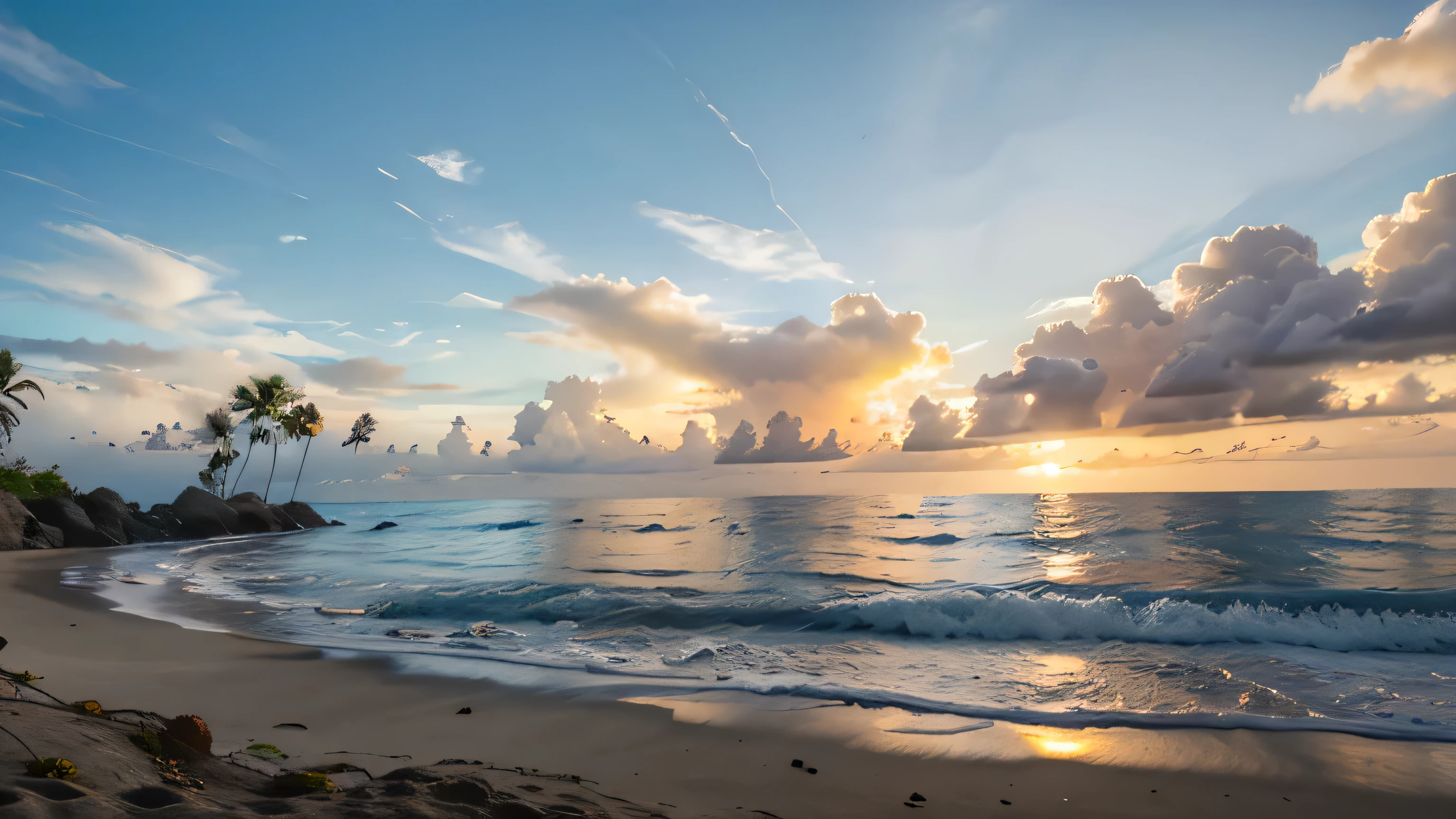 Playa tropical con varias palmeras y puesta de sol espectacular con abundantes nubes