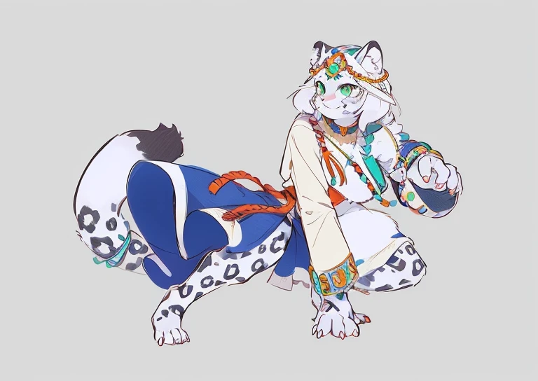snow leopard, Humanity, furry, woman, woman化的, fur, detailed fur masterpiece, best quality, The art of math, (Practical:0.3), cartoon, Detailed lines, High resolution, Visually stunning (detailed lighting, Depth of Field:0.9), Detailed Color, Colorful and perfect hands, Detailed hands (fair, Lovely, Fluffy:1.2), detailed body, , 1 girl, Solitary, Smiling Outdoors, nature, Tribal accessories, Tribal clothing,Bright green eyes,Posing hunting pose detailed full body concept