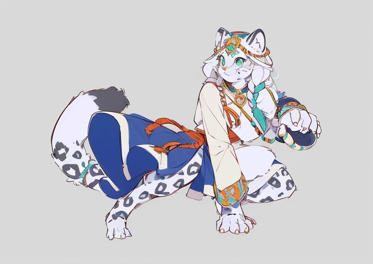 snow leopard, Humanity, furry, woman, woman化的, fur, detailed fur masterpiece, best quality, The art of math, (Practical:0.3), cartoon, Detailed lines, High resolution, Visually stunning (detailed lighting, Depth of Field:0.9), Detailed Color, Colorful and perfect hands, Detailed hands (fair, Lovely, Fluffy:1.2), detailed body, , 1 girl, Solitary, Smiling Outdoors, nature, Tribal accessories, Tribal clothing,Bright green eyes,Posing hunting pose detailed full body concept