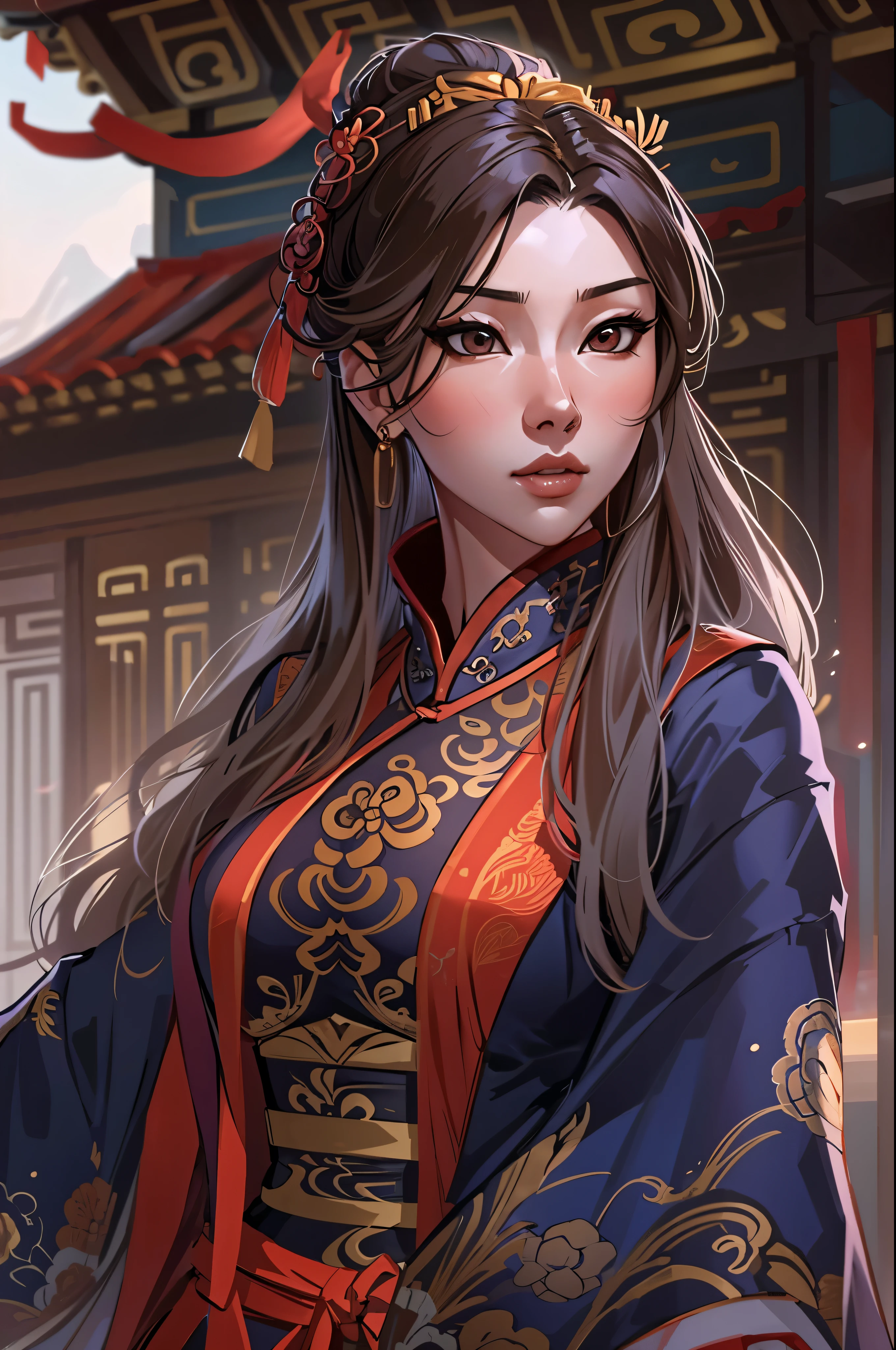 a close up of an asian woman in her 30's, with brown eyes and brown hair, wearing a black and red ball gown dress, a heroine with brown eyes, martial artist holding sword, standing in a chinese temple, new costume concept design, in the style of blade and soul, full body character concept, detailed character design, inspired by Yang Jin, inspired by Li Mei-Shu, chinese costume, inspired by Lan Ying, inspired by Sim Sa-Jeong, inspired by Li Tang, lunar themed attire, costume with blue accents, inspired by Ju Lian, colored concept art, highly detailed character design, highly detailed face, inspired by Ai Xuan, very highly detailed face, unreal engine render, final fantasy 14 style, inspired by Leng Mei