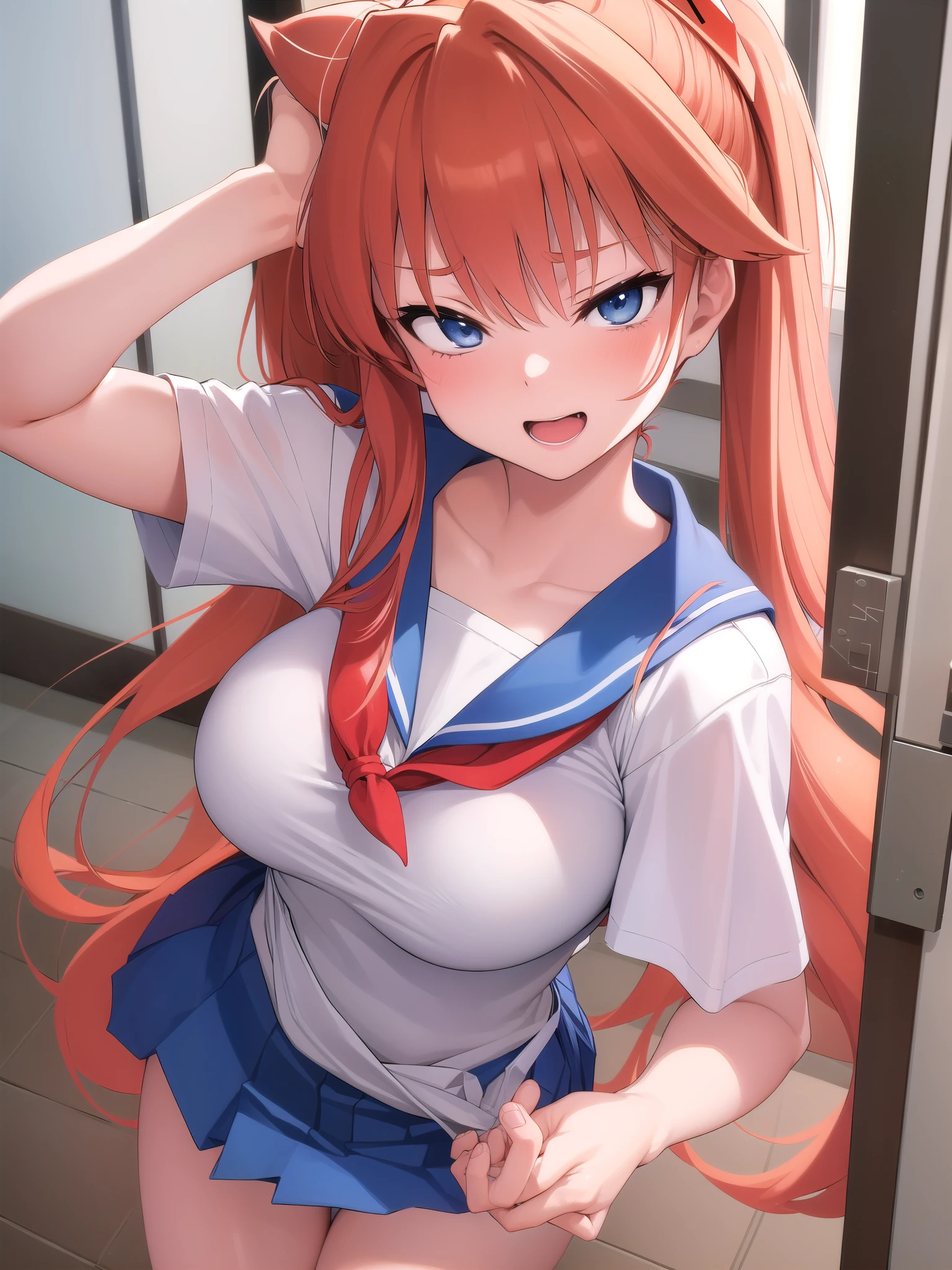 (masterpiece, highest quality:1.2), (Tsurime:1.2),
(face focus, close up of face, close up of face:1.2), Tsurime, 1 girl, Soryu Asuka Langley, alone, blue eyes, school uniform, looking at the viewer, long hair, think back, tokyo-3 middle school uniform, orange hair, white shirt, from behind, shirt, short sleeve, closed mouth, bangs, two side up, stage, legs stick out from frame, white socks, suspender skirt, blue skirt, blue dress, outdoor, dress, hair ornaments,Highest image quality、(1man and 1woman,having sex:1.8),(cowgirl position:1.3),on bed,crying、orgasm face、salivasteam
,sweat	,spoken heart,prone bone,,((1man and 1woman,having sex)),hug from behind
 