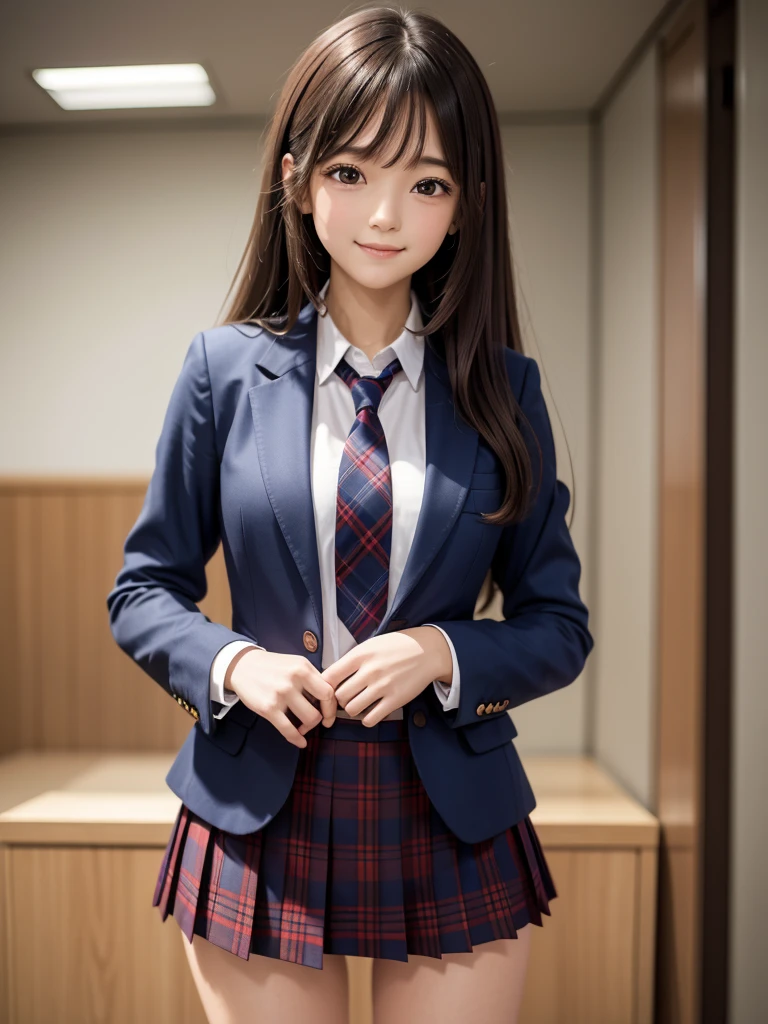 (8k, RAW Photos, highest quality), Stand in the classroom of school, (((((((One woman))))))), ((brown hair)), ((Semi-long hair)), ((Detailed eyes)), ((smile)), ((Red tie)), (((Dark blue closed blazer))), (((A blue plaid pleated miniskirt that wraps around the hips))), Asymmetrical bangs, 少しのsmile, Thighs, knees, Random pose，pretty girl，Slender girl