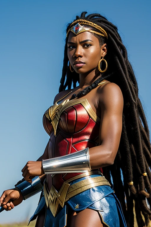 (african american), wonder woman, tiara, 1, woman, holding a sword, battle pose, blue sky background, (dreadlocks), black hair, brown eyes.