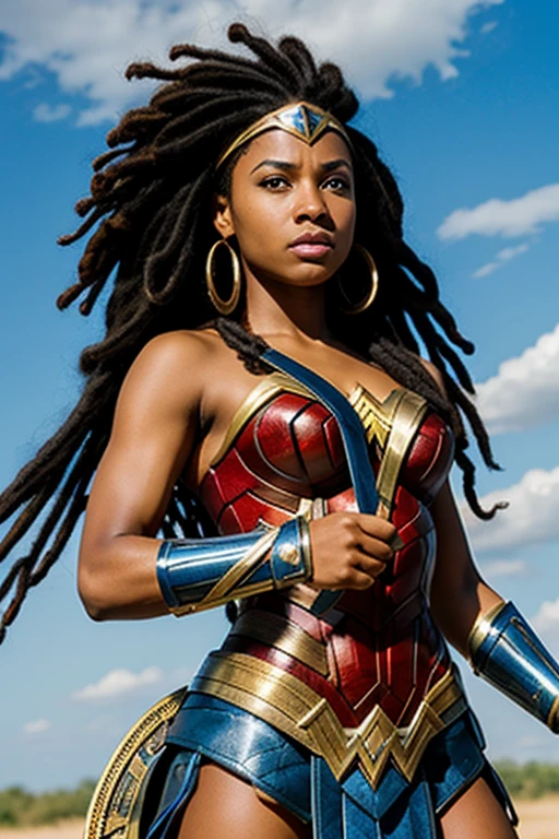 (african american), wonder woman, tiara, 1, woman, holding a sword, battle pose, blue sky background, (dreadlocks), black hair, brown eyes.