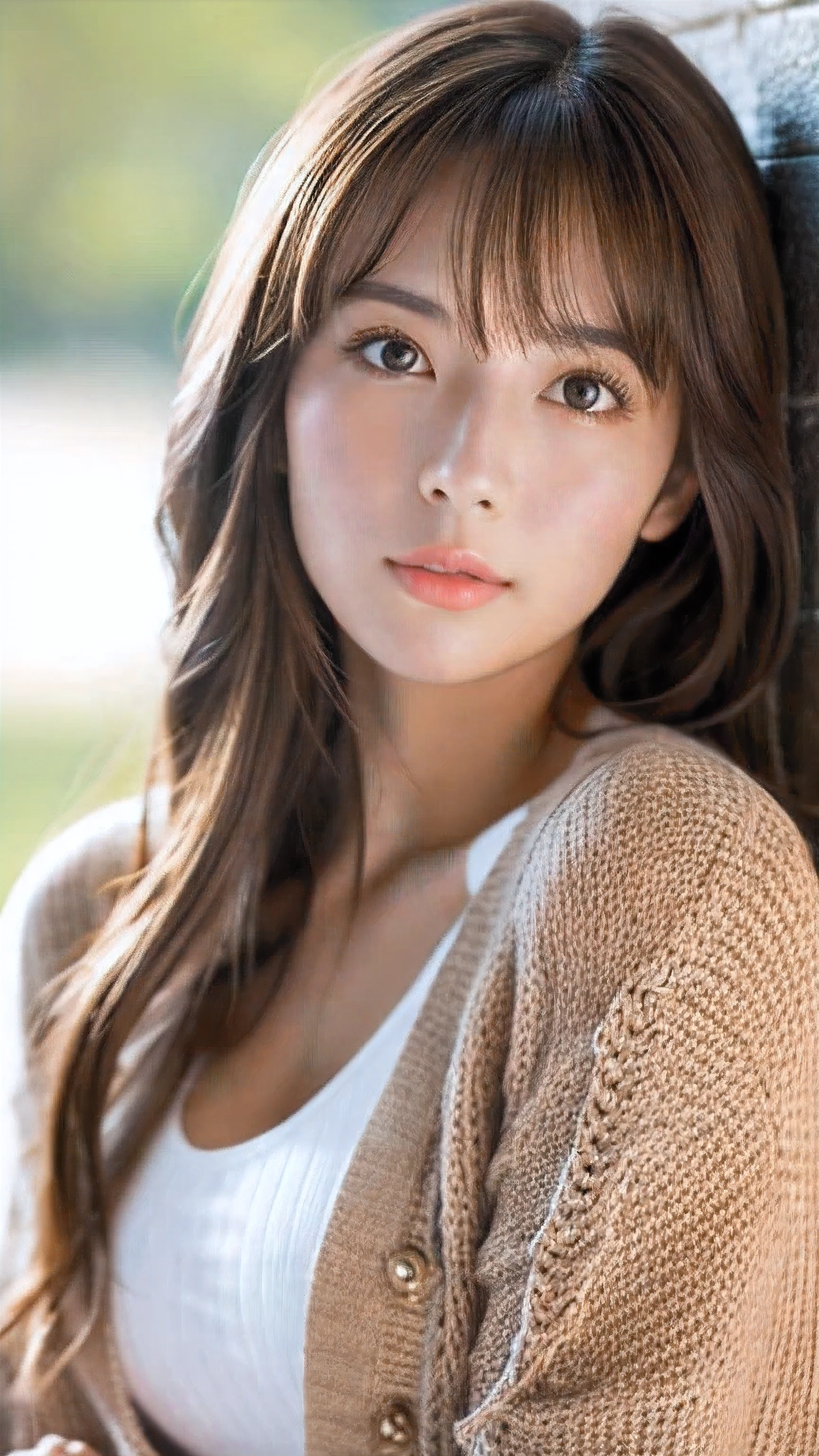 8K, highest quality, masterpiece, Realistic, Photorealistic, Ultra-detailed, Natural light, Highly detailed face and skin, Detailed Eyes, Highly detailed face and skin mid-shot, Beautiful woman looking at the camera, Sexy pose, Beautiful Face, Realistic Face, Detailed face, Beautiful Hairstyles, realistic eyes, Fine grain, Realistic Skin, Fine skin, Beautiful Skin, Charm, Ultra-realistic, Sexy Cardigan, kind, brown hair, Cute Japanese Girl, Full Body