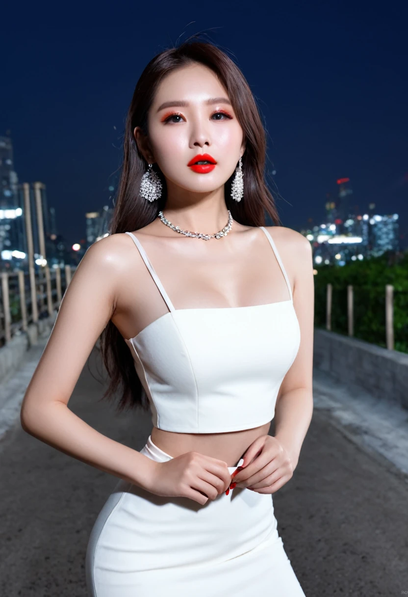 ((Realistic light、Highest quality、8K、Masterpiece:1.3))、Clear focus:1.2、1 Korean girl enters、Flawless beauty:、Slim tummy:1.1、Makeup and hair done by the artist professional ((Dark brown hair, long smooth hair ))、Beautiful chest-shaped lips. Apply light red lipstick. (White crop top: 1.4)、Necklace, hoop earrings (Outdoors、Night:1.1)、Street、Super smooth face、Refined eyes、Double eyelids、White dress sexy poses