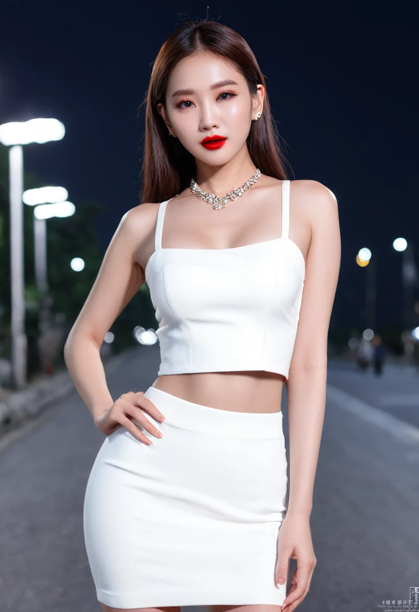((Realistic light、Highest quality、8K、Masterpiece:1.3))、Clear focus:1.2、1 Korean girl enters、Flawless beauty:、Slim tummy:1.1、Makeup and hair done by the artist  professional  ((Dark brown hair, long smooth hair ))、Beautiful chest-shaped lips.  Apply light red lipstick.  (White crop top: 1.4)、Necklace, hoop earrings  (Outdoors、Night:1.1)、Street、Super smooth face、Refined eyes、Double eyelids、White dress  sexy poses