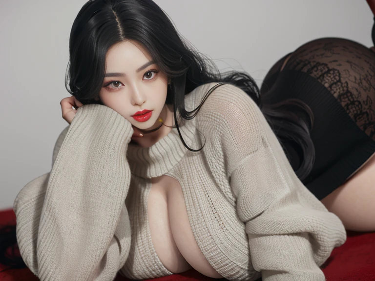 black long hair, huge 1,6, delicate hair, skin whitening, Sweater dress lying on its side, red eyes, red lips,perfect face, long tongue, Stick out your tongue,perfect body beauty 1.4