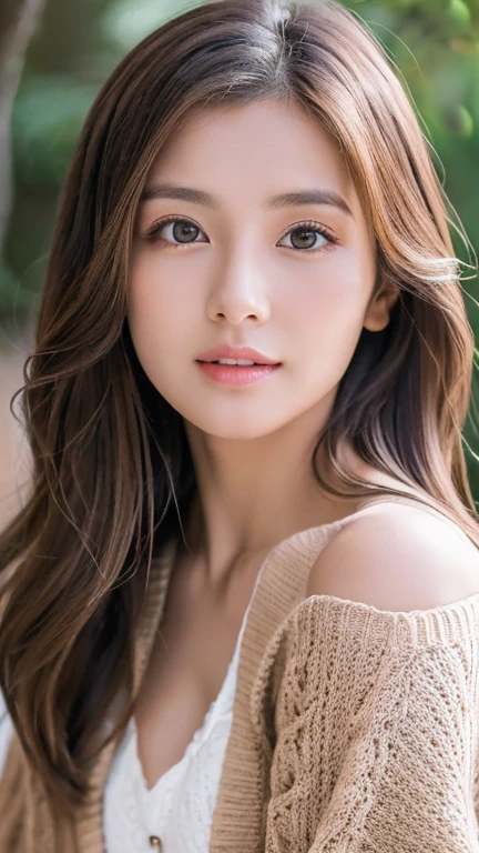 Solo Detailed and realistic portrait of a beautiful young Asian woman。She has long light brown hair and big light brown eyes.。"I'm eating shaved ice."。 ((Medium chest、Tomboy、Small Head))、sunlight、sunlight、(Chiseled Abs: 1.1)、(Perfect body: 1.1)、Auburn Hair、first round、chain、Full Body Shot、、Highest quality、One beautiful woman、Long Hair、Brown Hair、Beautiful woman wearing a tropical bandeau bikini playing in the morning sea。She is laughing happily。