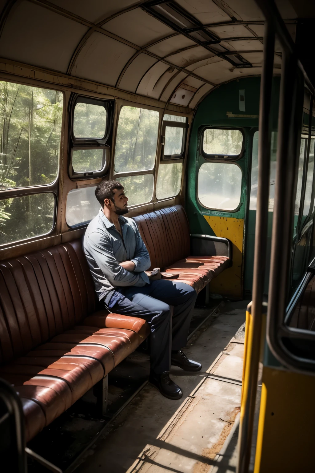 A man, with a determined face, stepped inside the old, creaky bus that was headed towards Setealém. The bus was filled with an eerie silence, broken only by the sound of the wheels grinding against the uneven road. The man, despite feeling a chill run down his spine, clutched his belongings tightly and took a seat near the window.
As the bus journeyed deeper into the forest, the man could feel the sense of unease growing stronger. The bus rocks gently with each uneven terrains, causing the man's heart to race. Shadows danced on the walls, and he could hear the faint sound of twigs snapping outside.
Suddenly,